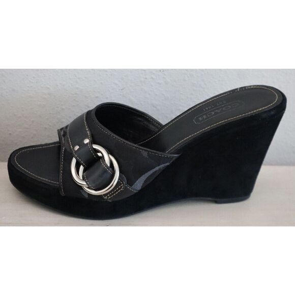 Coach Women's Sz 8M Black Suede Merridith Y2K Wedge Slip-On Buckle Sandals - Picture 8 of 9